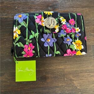 Vera Bradley Black Quilted Floral Zip Wallet with Multicolor Blooms